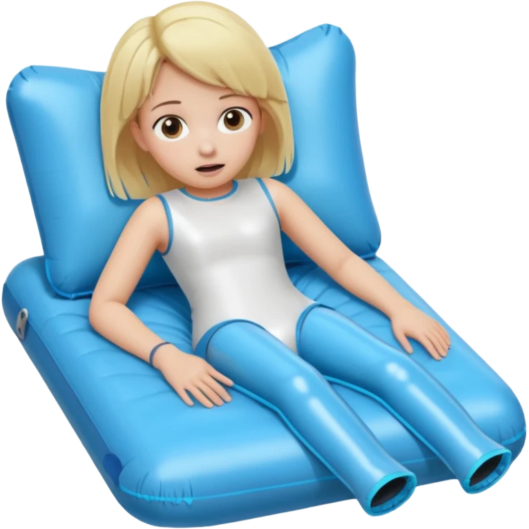 chica rubia con cara de miedo con unas botas de presoterapia inflables tirada en una cama emoji