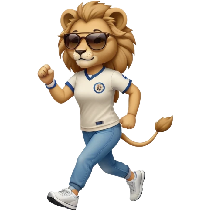 friendly anthropomorphised female lion wearing a baseball shirt, jeans, trainers, dark sunglasses, jogging upright, looking dominant and confident emoji