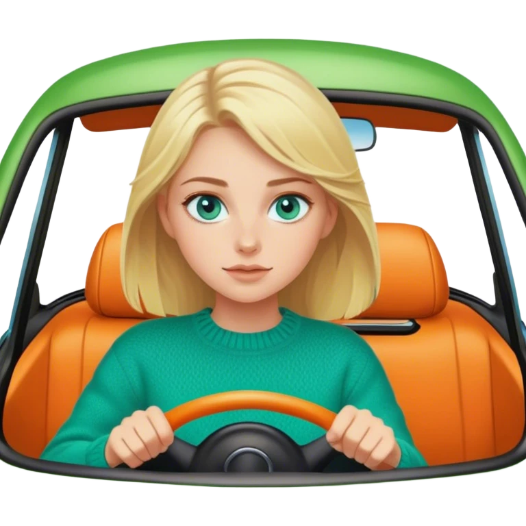 Cinematic realistic blonde with blue eyes, dressed in a green sweater, driving an orange car emoji