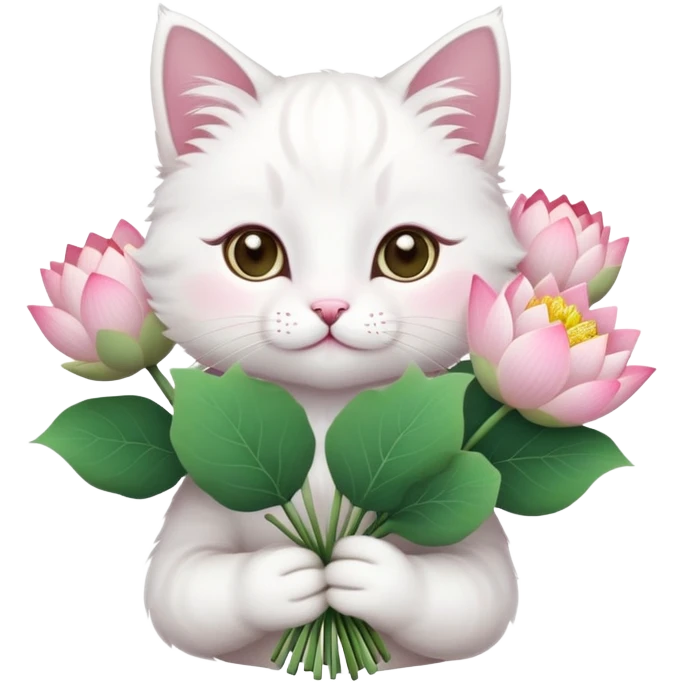 White cat holding a bouquet of lotus flowers emoji