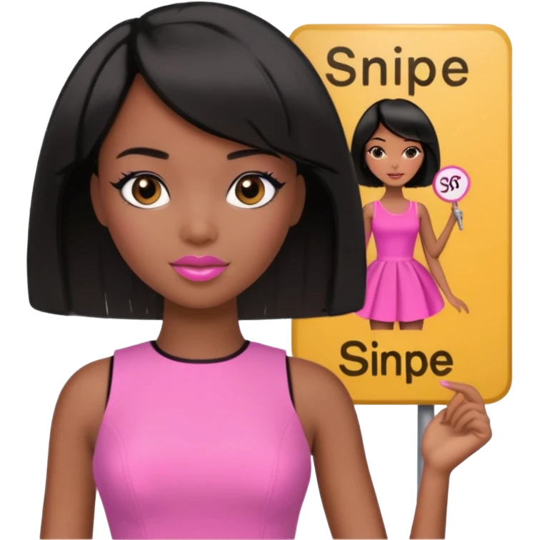 Black barbie, short  black bob  hair, pink dress with a sign that says snipe emoji