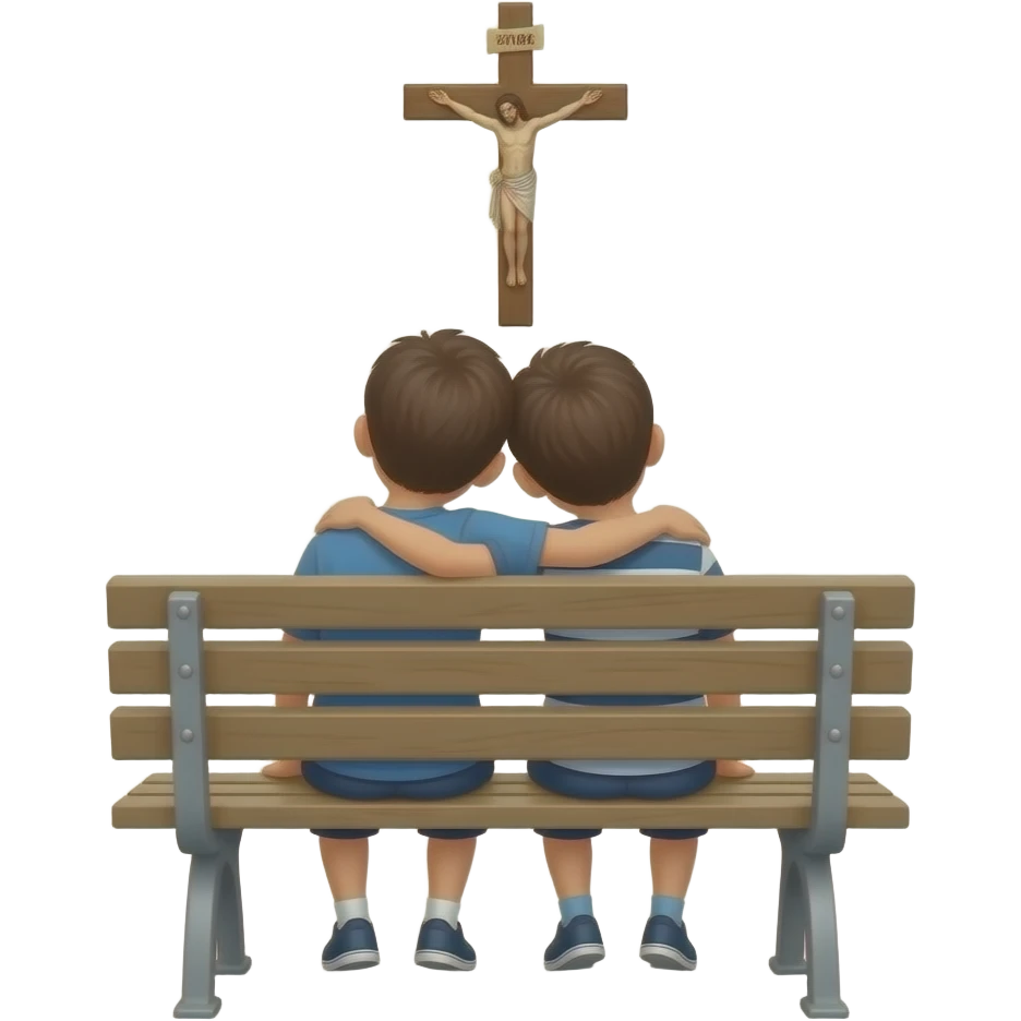 AZ a dos chicos sentados en un banco mirando para atrás q se les vea la espalda abrazados y delante suyo hay la cruz de Caravaca de la cruz emoji