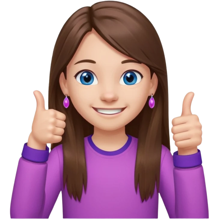 11 year old girl, blue eyes, brown long ish straight hair, smile and two thumbss up with purple STUD earings and a pink shirt, and that you can see my whole body, and no teeth in my smile emoji