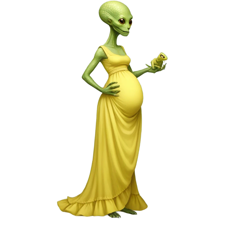 Pregnant reptilian alien woman, full body, in victorian jellow elegant dress emoji