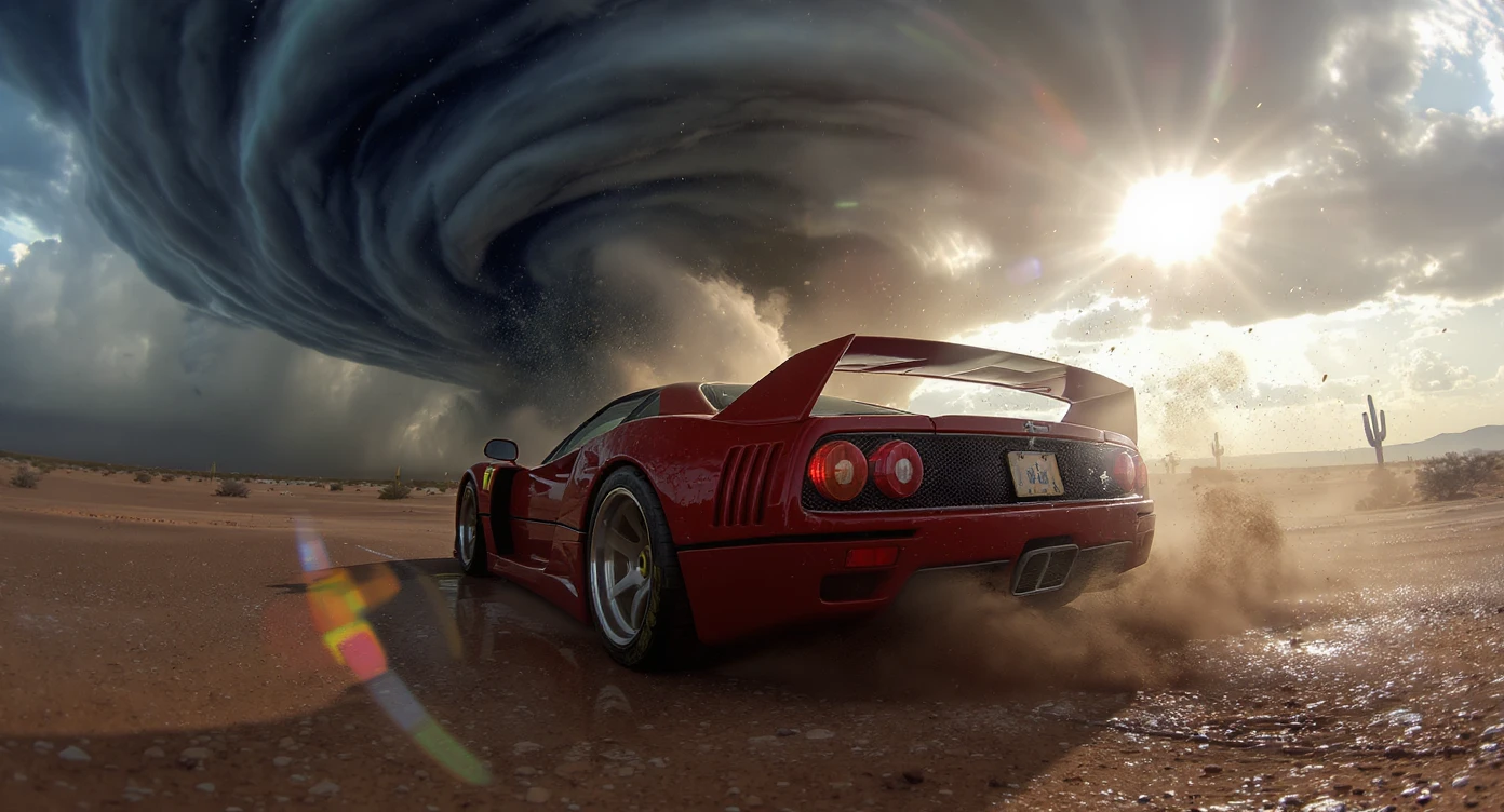 Cinematic still of a ferrari f40 around tornado od arizona desert, sun flare, captured by gopro hero with effect fisheye, water drops on car body, detailed, inspired by interstellar look emoji