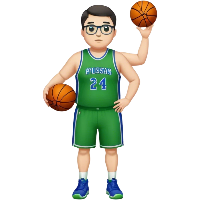 Full Body plus size tall white male with dark short hair basketball player wearing glasses wearing blue  with green uniform emoji