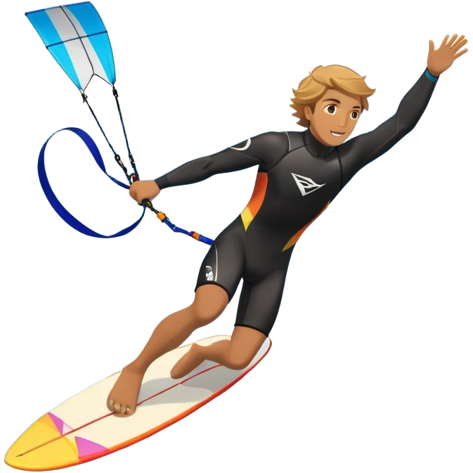 An athlete in a wetsuit riding a kiteboard, soaring over the waves with the kite high in the sky. The background features a vibrant blue sky and crashing ocean waves, capturing the thrill and freedom of kitesurfing in dynamic motion. emoji