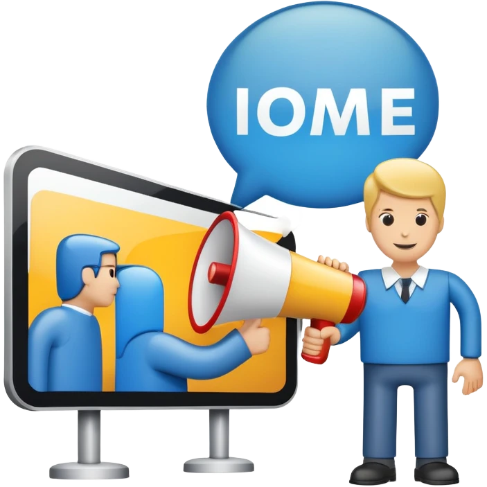 An icon featuring a megaphone, a billboard, and a handshake, symbolizing advertising and public relations. The design includes a speech bubble and media icons, representing communication and brand messaging. Transparent background highlights the influence of PR and marketing strategies. emoji