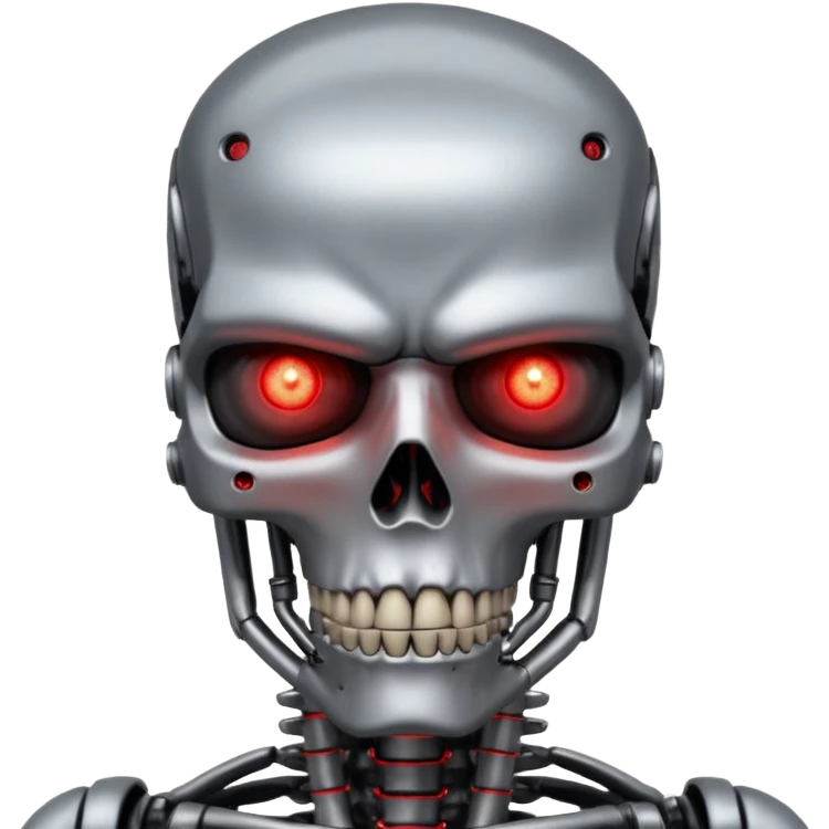 Terminator close-up, realistic, red glowing eye, damaged skin revealing endoskeleton, inspired by the 'I'll be back' scene emoji