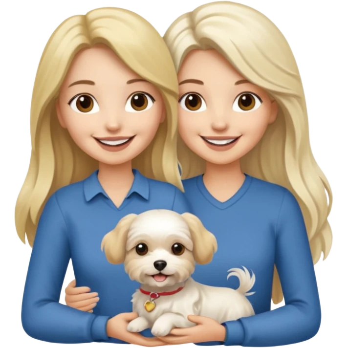 two women holding one Maltese dog one is brunette the other is blonde long haired  emoji