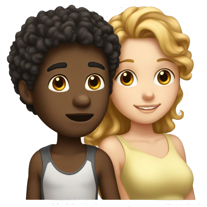 A black boy with curly hair kiss white girl with brown hair emoji
