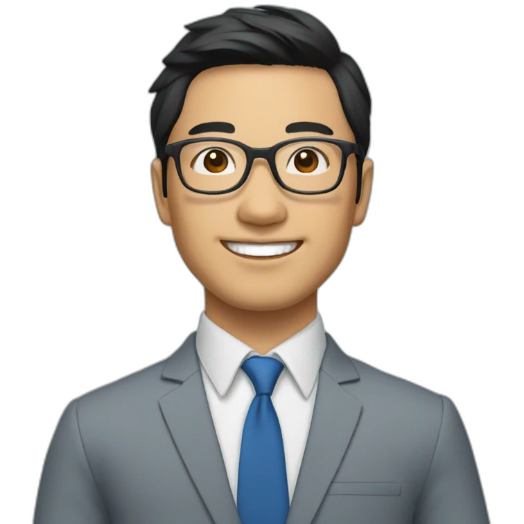 Young Business man with Black hair and round Glases, smiling, asian, blaue suit, without tie emoji