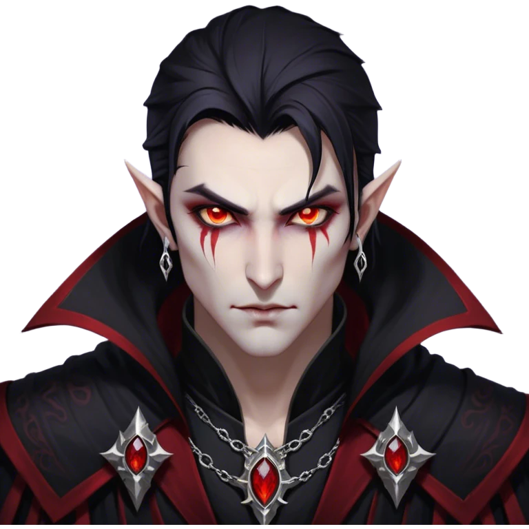Cinematic Realistic WoW Vampire Mage Portrait, head tilted epicly and inquisitively, showcasing a commanding presence and ancient arcane mastery. His pallid skin and sleek dark hair are set against the intricately detailed black robe—with silver accents and mystical runes—that remains consistent in its shadowed elegance. His piercing crimson eyes blaze with forbidden power, rendered with dramatic, lifelike clarity and high shine, epic and awe-inspiring. emoji