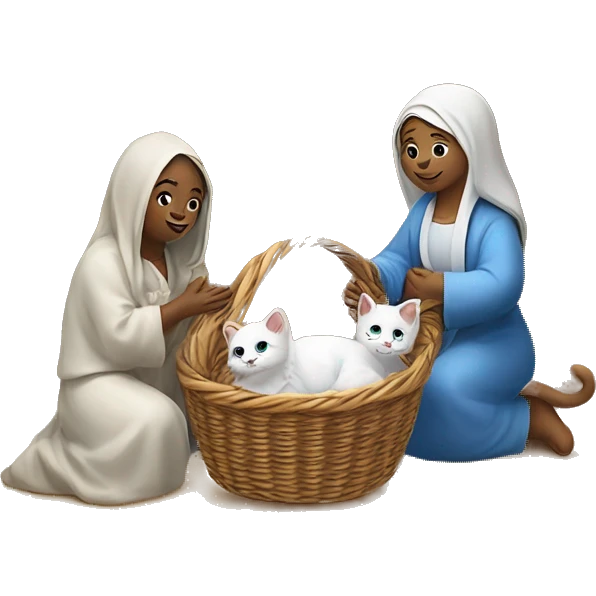 Christmas nativity scene with 1 mother cat and 5 kittens in a basket and a star of Bethlehem ￼ emoji