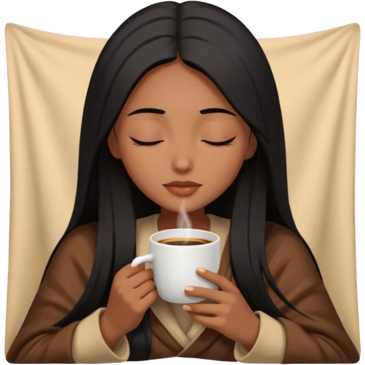 Chocolate brown girl with long straight jet black hair inside a blanket sipping coffee eyes closed emoji
