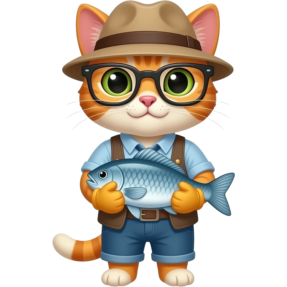 Cat with hat and glasses gloves and a fish emoji