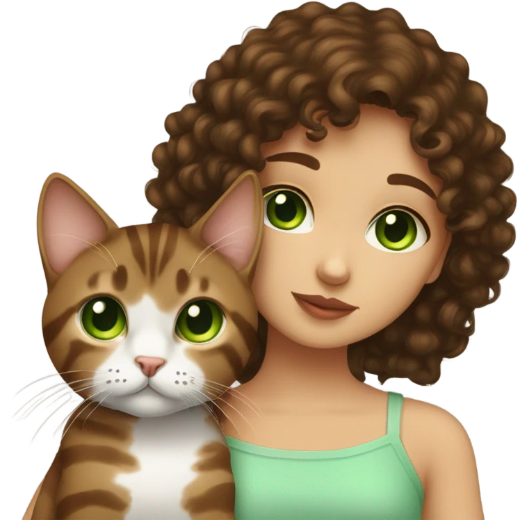 Dark brown curly haired girl with hazel eyes kissing a brown tabby cat with green eyes emoji