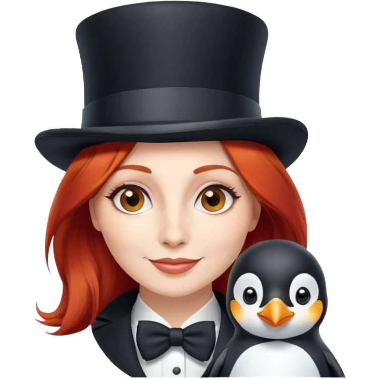 uma mulher feliz com cabelos ruivos e uma cartola com um pinguim emoji