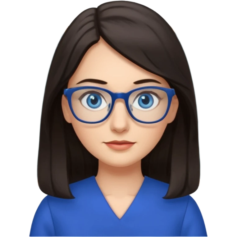 long dark hair, blue eyes, glasses teacher female, blue dress emoji