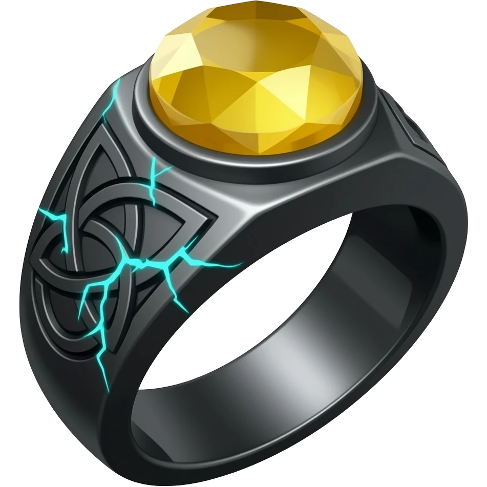 A obsidian ring with a BIG yellow gem, that has a triquetra carved into it, and a crack goin through it glowing light blue emoji