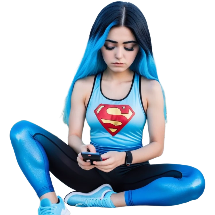 Shameful disappointed crying-very very very very big chest-texting on a samsung cell phone-very long straight flowing black to sky blue hair ombre-blue eyes-black eyeliner-long eyelashes-plastic sparkling sky blue very low cut tank top with sparkling superman logo-black leggings-nike sneakers emoji
