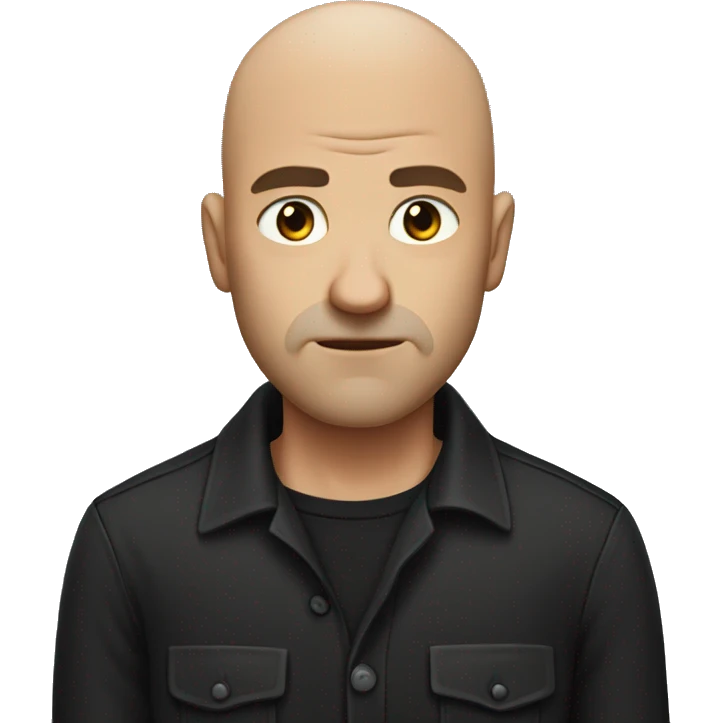 Bald man with strong jaw and a black button up shirt, pouting emoji