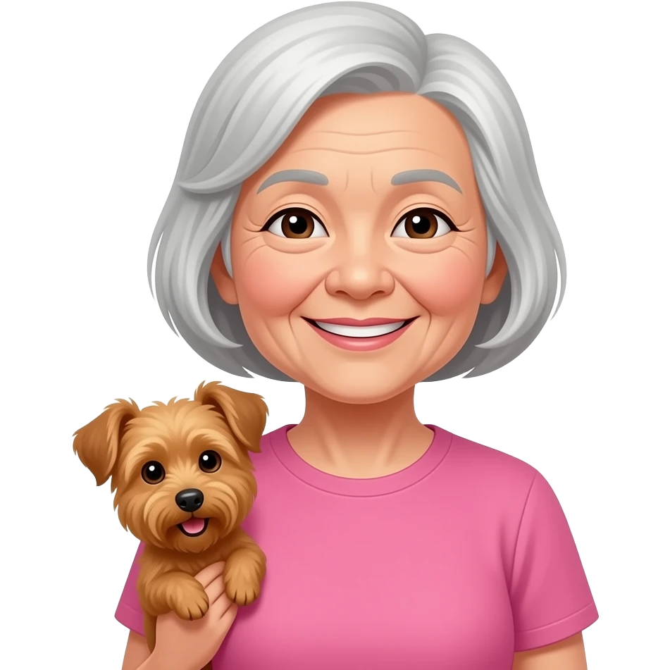 Asian grandma wearing pink tshirt with short white hair carrying brown terrier emoji