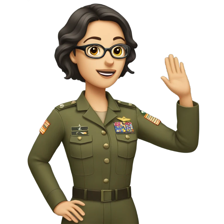 a caucasian brunette female with glasses making the military salute emoji