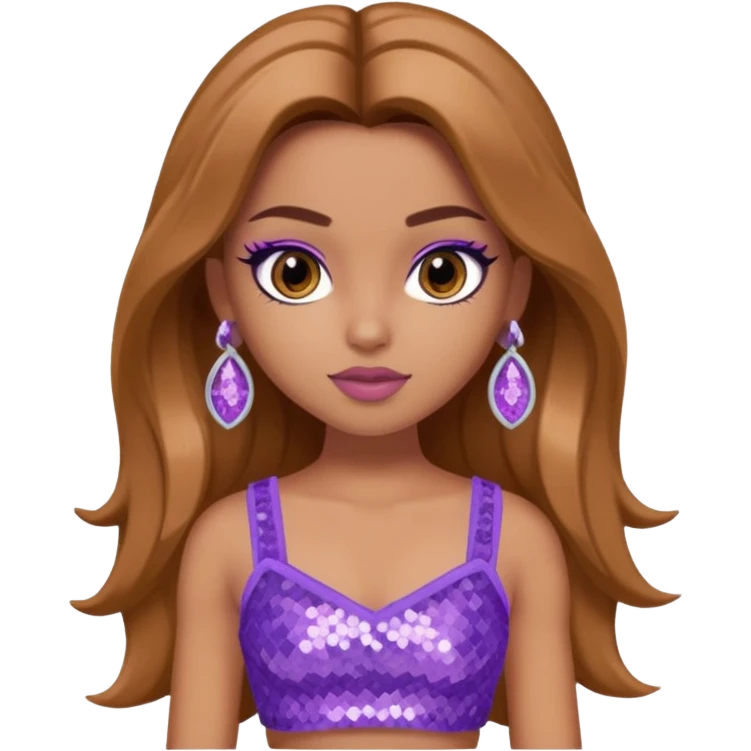 Yasmin from Bratz with long light brown hair, tan skin, brown eyes, lilac sequin crop top emoji