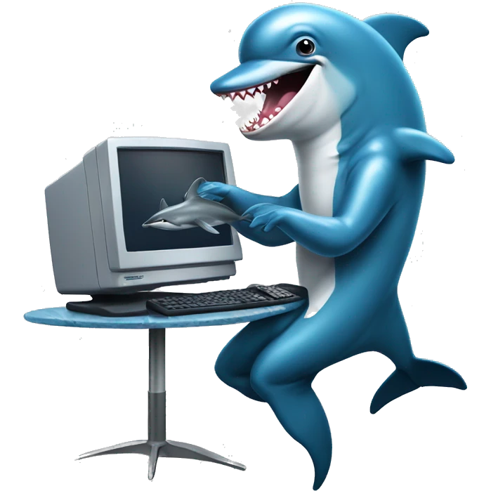 dolphin playing with computer and fighting with shark wearing blue suit emoji