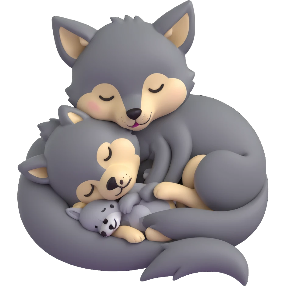 cute baby wolf sleeping with a little wolf stuffed animal emoji