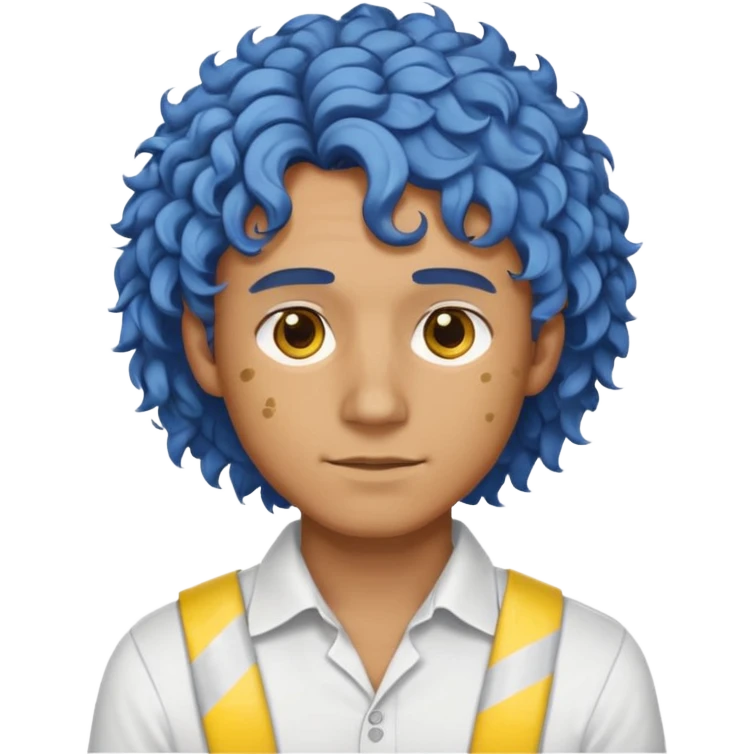 Make me an emoji that has a guy with a white shirt and yellow tape around the shirt with brown and blue spots hair make the hair curly make the yellow tape go around it emoji