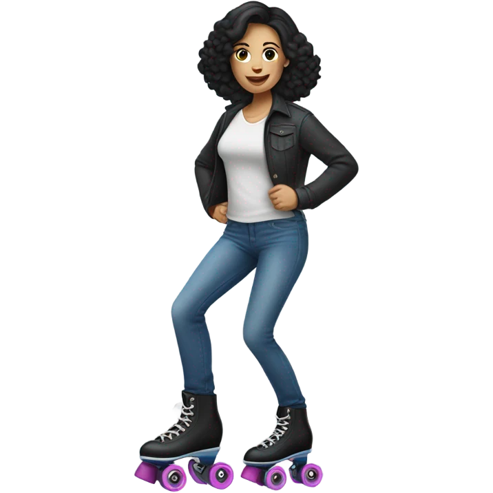 Caucasian woman with black hair wearing jeans on roller skates  emoji