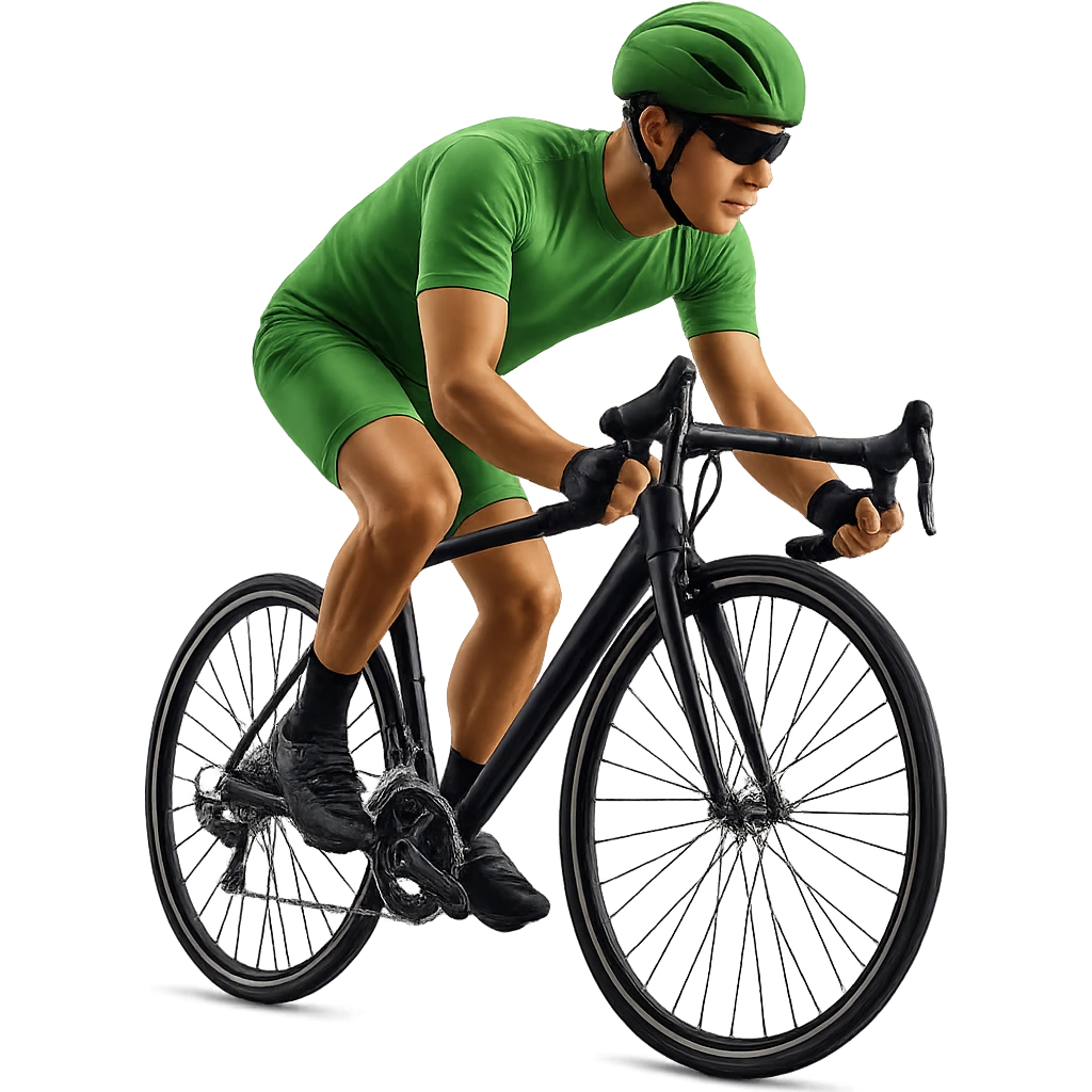 Add a helmet to the cyclist wearing a green outfit. Keep the background transparent. emoji