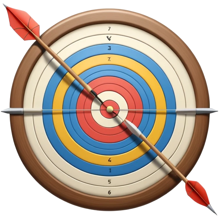 the recursive bow with an arrow drawn back, aimed at a target with concentric rings. The background suggests a calm, outdoor archery range, emphasizing the precision, focus, and skill required in archery as a competitive sport. emoji