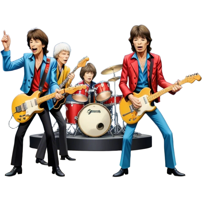 Icon for Rock Music: The Rolling Stones live on stage with Mick Jagger performing vocals, Keith Richards playing guitar, and Charlie Watts on drums. Iconic stage lights, electric guitars, and energetic crowd. Transparent background. emoji