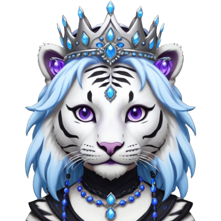 ESO Female white/black tiger khajiit leader of the umbral rose, glowing blue eyes, glowing blue 'third eye' gem, black beaded dreadlocks; silver crown/tiara with purple gems emoji