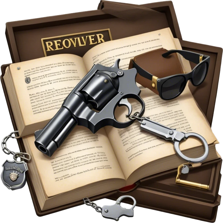 Icon for Action & Crime Reading: an open book, a revolver, handcuffs. Surrounding elements include a dark alley, a police badge, and a pair of sunglasses. The icon should evoke tension, suspense, and action.  Transparent background. emoji