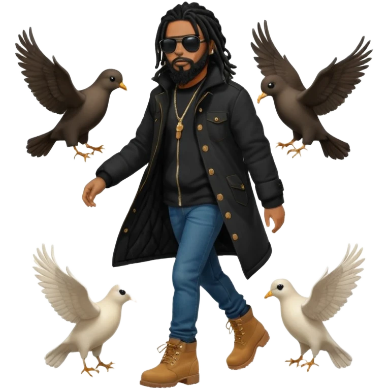 African American man with shoulder length black dreadlocks with black beard wearing black sunglasses wearing a black bubble winter coat wearing denim skinny jeans wearing wheat timberland boots walking with a white dove flying behind him emoji