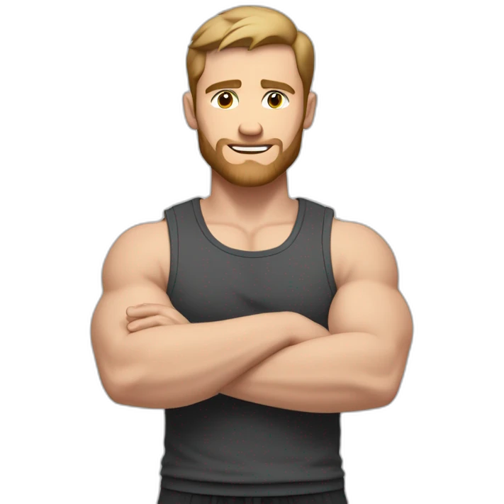 Close up Actively gesturing  with hands Pale skinned Fit Man With the biceps and brown hair in dark gray Sleeveless Mike, black oversize sports shorts, watch and white Sneakers emoji