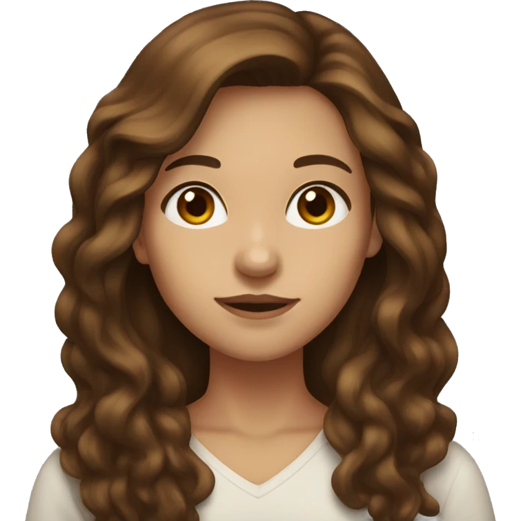 brown-haired woman with long hair, brown eyes, showing a heart emoji