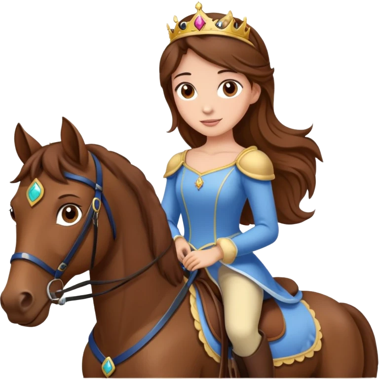 brown hair, brown eyed princess is riding a brown horse emoji