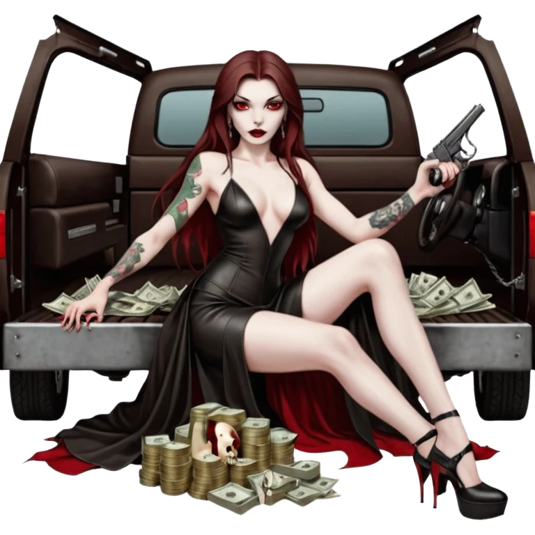 Lilith symbol red eye seductress evil long brown haired sexy succubus woman with leather long dress with slit, sitting in Big Large F350 pickup truck. Black Platform high heels on feet. Tattoo sleeve arms, seat full of stacks of cash, and a man dead human skull of her enemies and a gun in other hand emoji