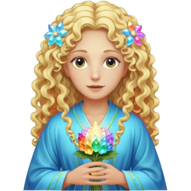 a being made of light pleidian nordic long faces and curly blond hair but beautiful features of light with a robe on made of light and who is lanky holding a bouquet of crystal flowers on rainbow fire emoji