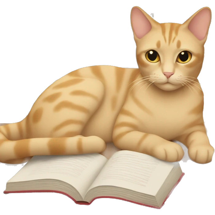 beige cat laying down next to books emoji