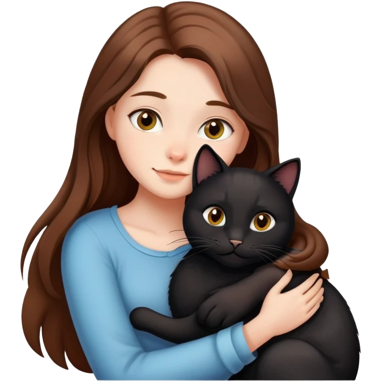 A girl with long brown hair hugs a black cat tightly emoji