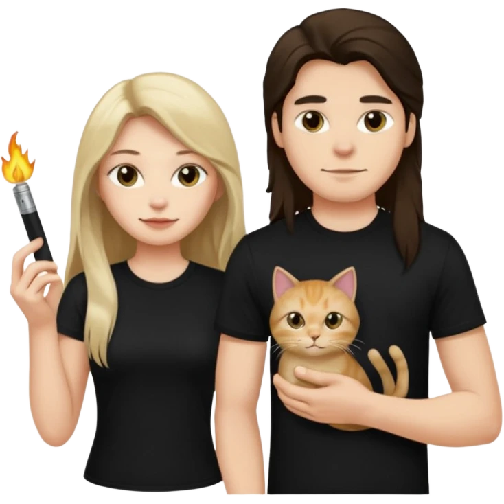 The man is wearing a black shirt and the women is wearing a black top and has longer hair. The cat is lighter  emoji