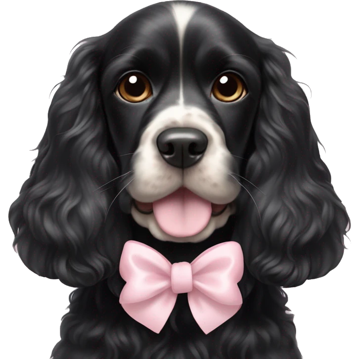 Black American cocker spaniel  with a cute face and a light pink bow as the collar ￼ emoji