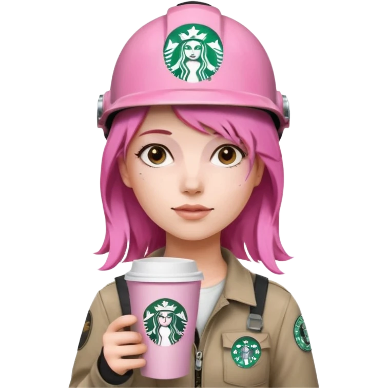 сделай молодую девушку с розовыми волосами, накрашенную красиво, с стаканчиком кофе из старбакса и в каске без эмблемы emoji