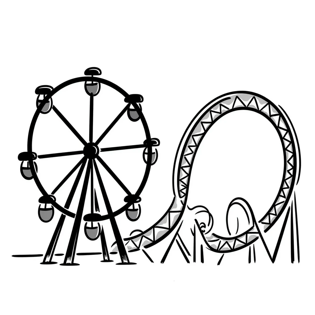 Hand-drawn amusement park with ferris wheel and roller coaster emoji